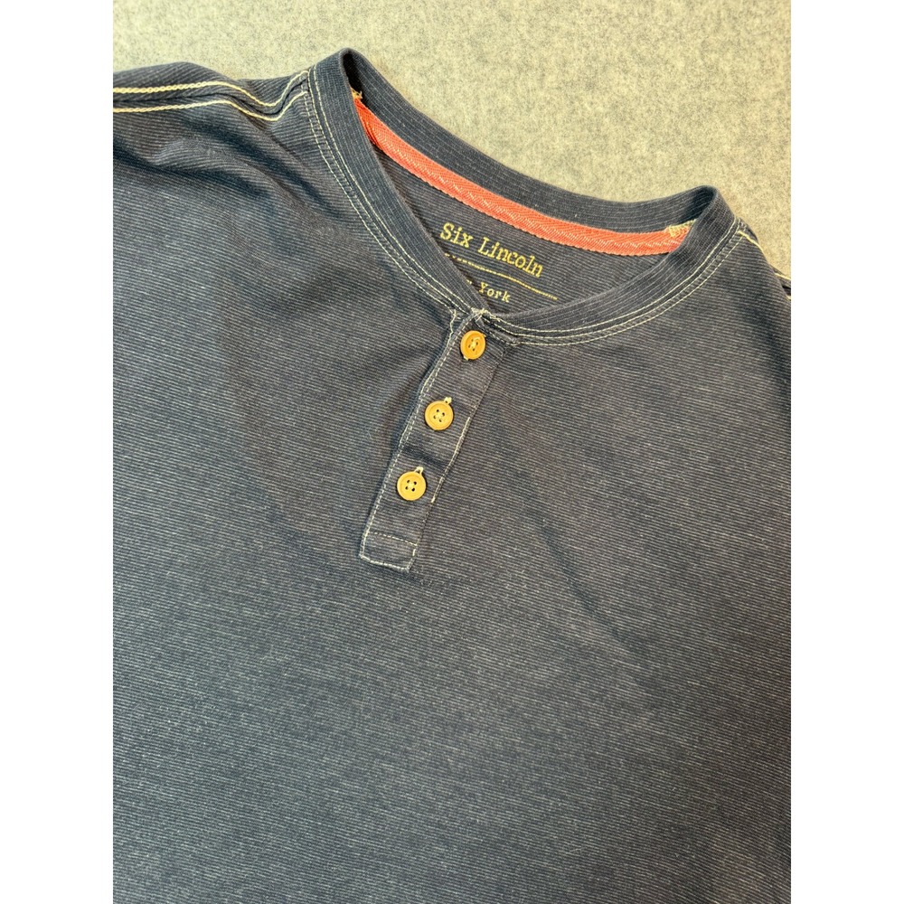 Six Lincoln New York Mens Large Henley Shirt Navy Blue Striped Short Sleeve L